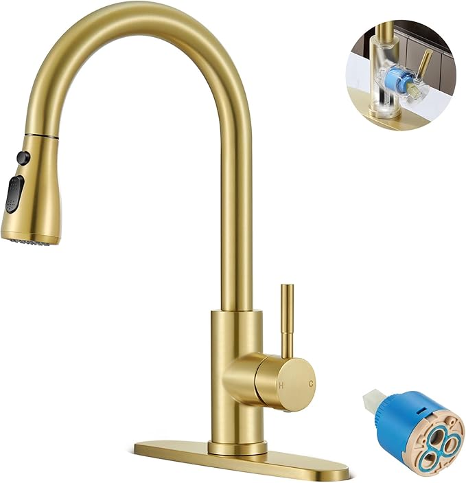 Brushed Gold Kitchen Faucets with Cartridge Replacement, High Arc Single Handle Stainless Steel Kitchen Sink Faucet for 1 or 3 Hole, Ideal for Farmhouse RV Laundry Bar Camper & Commercial