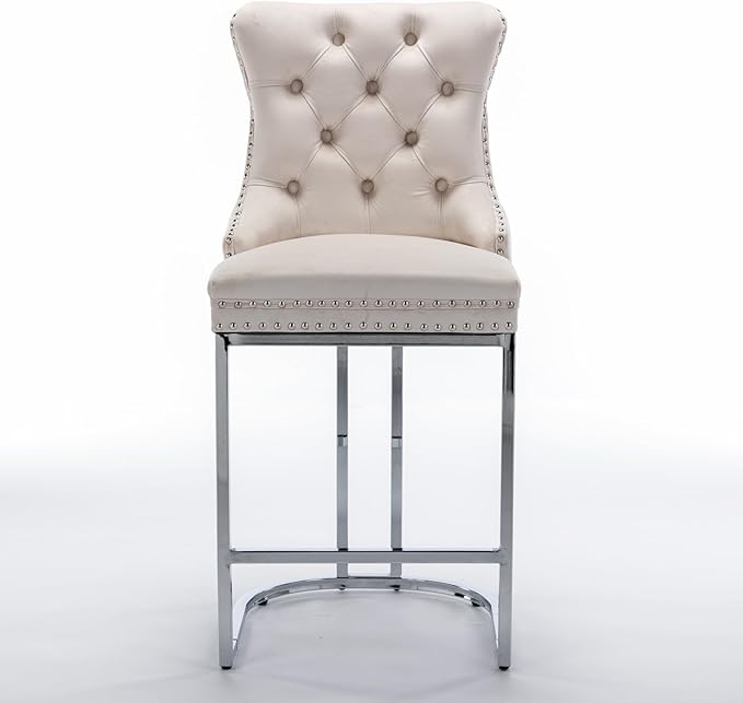 26" Counter Height Bar Stools Set of 2, Modern Velvet Bar stools with Button Back Rivet Trim Upholstered Kitchen Island Chairs with Sturdy Chromed Metal Base Legs Farmhouse Bar Stools, (Beige,2 Pack)