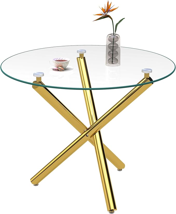 36" Round Glass Dining Table for 4, Modern Dining Room Table with Gold Metal Cross Legs, Adjustable Foot Pads, Tempered Glass Top Kitchen Dinner Tables for Kitchen Dining Room Small Apartment
