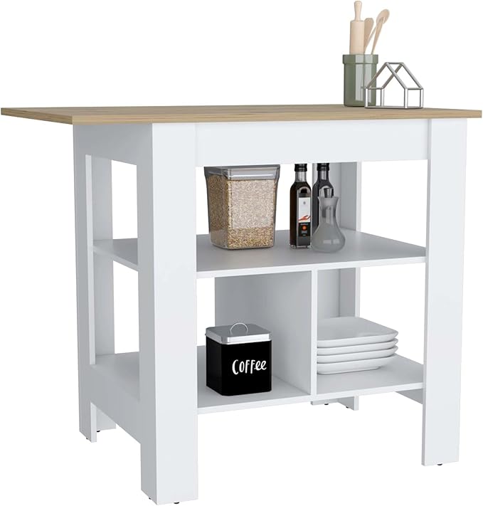 Kitchen Island, Kitchen Table 35" H, 3 Open Shelves, White/Macadamia
