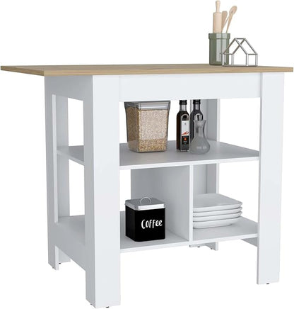 Kitchen Island, Kitchen Table 35" H, 3 Open Shelves, White/Macadamia