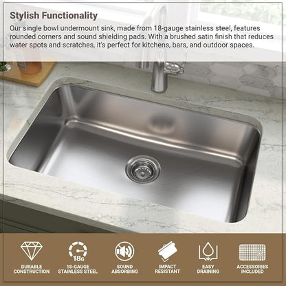 MSI 30 Inch Undermount Single Bowl 18 Gauge Stainless Steel Kitchen Bar Sink and Strainer