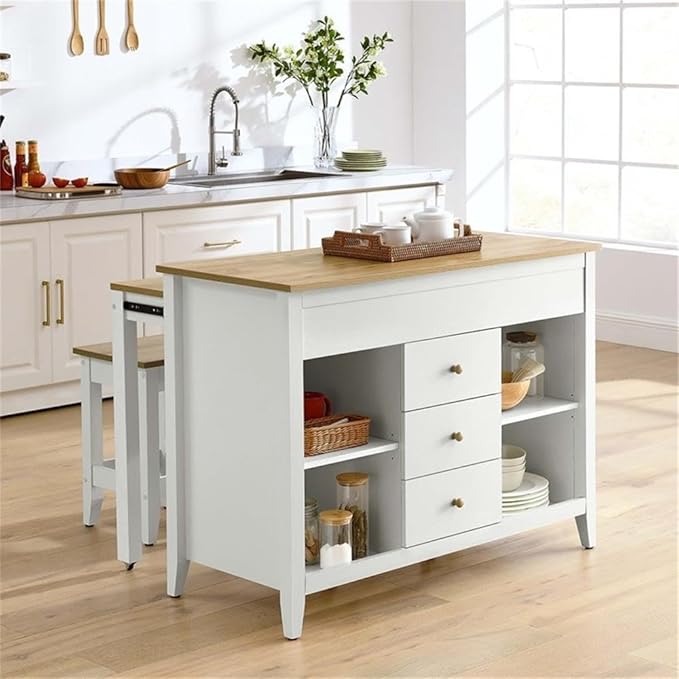 MAKLAINE Contemporary 3-Piece Kitchen Island and Stool Set, Oak White Finish, MDF/Particleboard Construction, Adjustable Shelves, Butcher Block Countertop, Pull-Out Table, Small Kitchen Dining Space