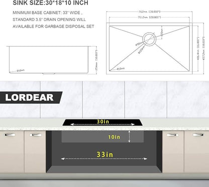 30 Kitchen Sink Undermount - Lordear 30 x 18 inch Undermount Sink 16 Gauge Stainless Steel Deep Single Bowl Under Counter Rectangular Handmade Sinks Basin