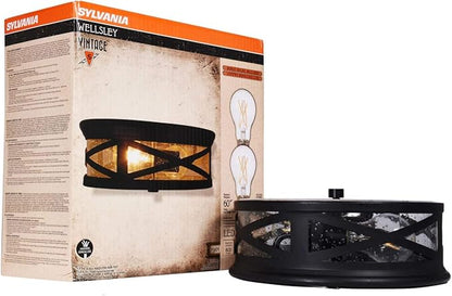 Sylvania Wellesley Vintage Drum Light Fixture, Antique Black Metal and Seeded Glass, 2 Dimmable 60W LED A19 Bulbs Included (60063)