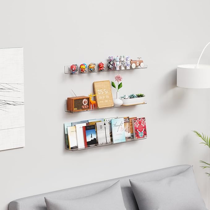 Yieach 2 Pack Acrylic Shelves for Wall Storage,No Drilling Adhesive Shelves,Clear Stick On Bathroom Wall Shelf Organizers,Plastic Floating Shelves for Perfume,Funko,Lego,Makeup,Book Shelf for Kids