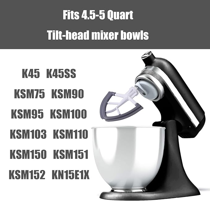 Flex Edge Beater for KitchenAid,Mixer Attachement Compatible With KitchenAid,Mixer Accessory,Fits Tilt-Head Stand Mixer Bowls For 4.5-5 Quart Bowls,Beater With Silicone Edges,Grey
