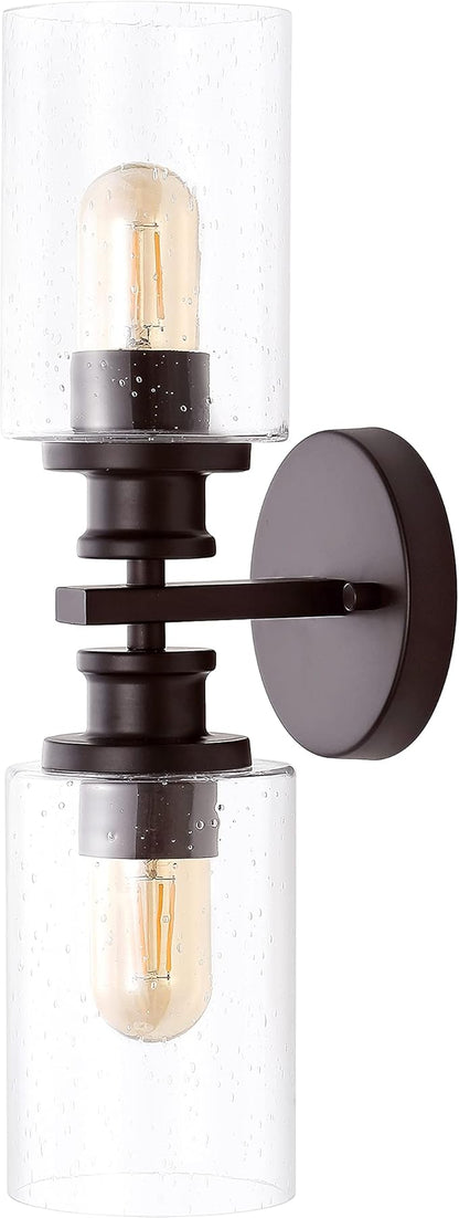 JONATHAN Y 16.5" Oil Rubbed Bronze 2-Light LED Wall Sconce, Modern Farmhouse Vanity Light with Seeded Glass Shade, Industrial Iron Fixture for Bathroom Mirror, LED Bulbs Included (JYL7577B)