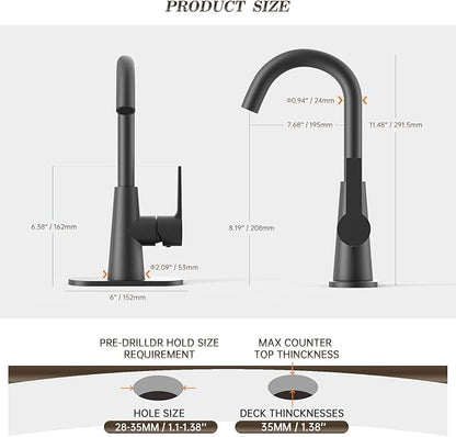 Phiestina Single Hole Matte Black Single-Handle 4 Inch Bathroom Sink Faucet with Deck Plate and Supply Hoses, Bar Sink Faucet/Pre-Kitchen Sink Faucet with 360° Rotation Spout, WE10E-MB