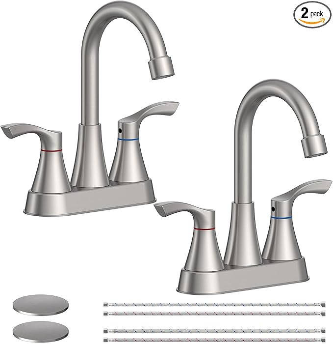 2 Pack Brushed Nickel Bathroom Faucet 3 Hole, Evolvegoods 4 Inch Stainless Steel Bathroom Sink Faucet, 2 Handle Centerset Faucet for Bathroom Sink Vanity, with Pop Up Drain and 2 Supply Hoses