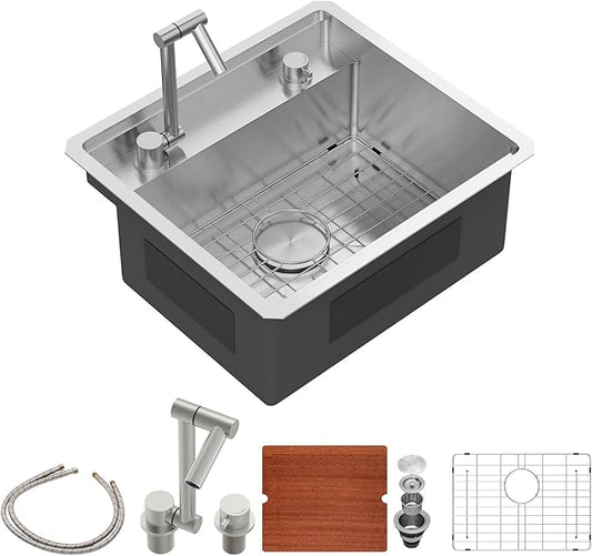 Sarlai Undermount Bar Sink With Foldable Faucet - 21x19 Inch Outdoor Kitchen Sink RV Workstation 16 Gauge Stainless Steel Single Bowl Handmade Outdoor BBQ Sinks