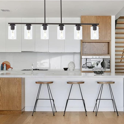 TODOLUZ 6-Light Kitchen Island Lighting Fixtures, Clear Glass Farmhouse Pendant Lights Hanging Chandelier in Oil Rubbed Bronze for Dining Room Table Cafe Bar