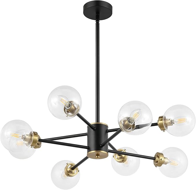 WINGBO 8-Light Sputnik Chandelier, Modern Pendant Light Fixture with 4.7" Clear Glass Globe Shade for Flat and Slop Ceiling, Height Adjustable for Kitchen Living Room Dining Room Bedroom, Black