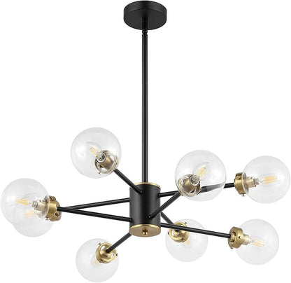 WINGBO 8-Light Sputnik Chandelier, Modern Pendant Light Fixture with 4.7" Clear Glass Globe Shade for Flat and Slop Ceiling, Height Adjustable for Kitchen Living Room Dining Room Bedroom, Black