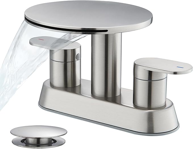 Waterfall Bathroom Sink Faucet 3 Hole Brushed Nickel，Modern 2 Handle Vanity Faucet for Bathroom Sink 4 inch Centerset with Round Shelf & Metal Pop-Up Drain