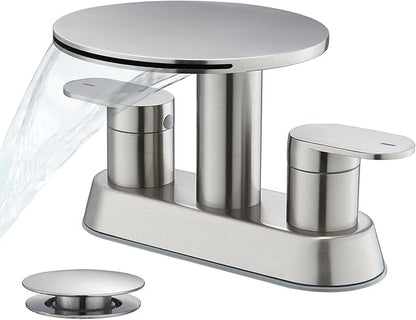 Waterfall Bathroom Sink Faucet 3 Hole Brushed Nickel，Modern 2 Handle Vanity Faucet for Bathroom Sink 4 inch Centerset with Round Shelf & Metal Pop-Up Drain