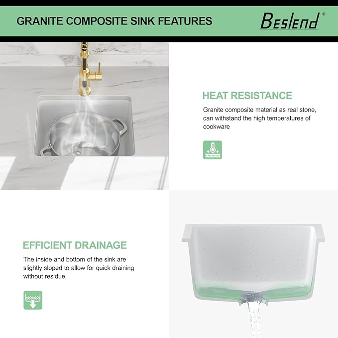 18 White Granite Composite Bar Sink - 18x16 Undermount Granite Quartz Kitchen Sink Pure White 9 Inch Depth Small Signle Bowl RV Sinks Under Counter