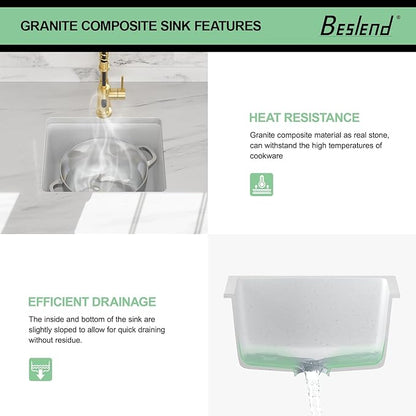 18 White Granite Composite Bar Sink - 18x16 Undermount Granite Quartz Kitchen Sink Pure White 9 Inch Depth Small Signle Bowl RV Sinks Under Counter