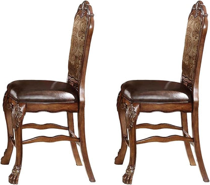 Beige and Cherry Oak Counter Height Chairs Set of 2 Vintage Wood Fabric Elegant Design with Front Legs Claw Feet Dining Tables & Kitchen Islands Addition