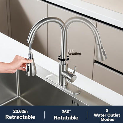 Kitchen Faucet with Pull Down Sprayer，Brushed Nickel, Kitchen Sink Faucet，High Arc Single Handle Classic Stainless Steel Sink Faucet，1 or 3 Hole,Suitable for Farmhouse Camper Laundry Rv Bar