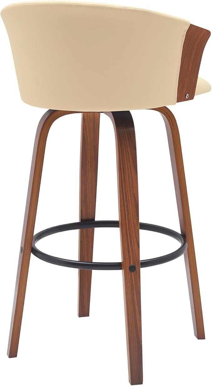 Armen Living Diana 30" Seat Height Mid Century Modern Swivel Walnut Wood Bar Stool for Kitchen Island Counter in Cream Faux Leather