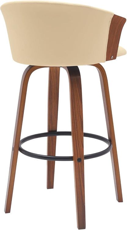 Armen Living Diana 30" Seat Height Mid Century Modern Swivel Walnut Wood Bar Stool for Kitchen Island Counter in Cream Faux Leather