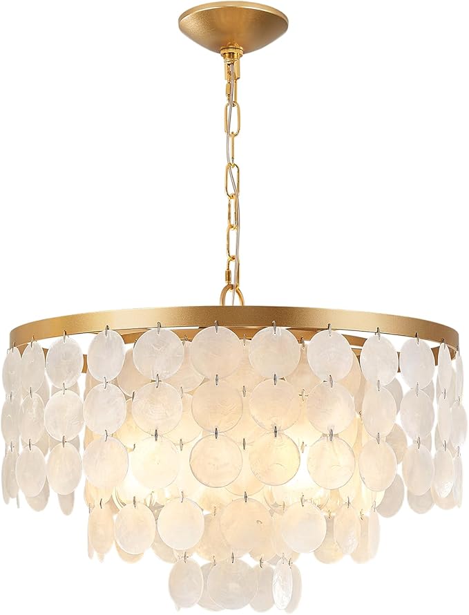 Shell Chandelier, White and Gold Chandelier Light Fixture with 4 Lights Capiz Seashell Pendant for Foyer,Kitchen Island,Entryway,Dining Room (18" Coastal Chandeliers)