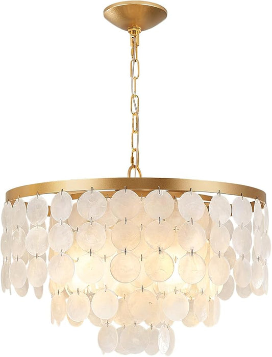 Shell Chandelier, White and Gold Chandelier Light Fixture with 4 Lights Capiz Seashell Pendant for Foyer,Kitchen Island,Entryway,Dining Room (18" Coastal Chandeliers)