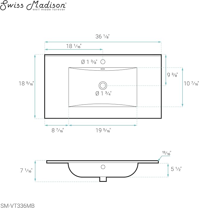 36" Ceramic Vanity Top with Single Faucet Hole in Matte Black