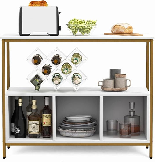 LOKO Buffet Cabinet with Open Shelves, Freestanding Kitchen Cabinet with 3-Cube Compartments, Coffee Bar Credenza Sideboard, 43.5 x 17 x 35 inches (White)
