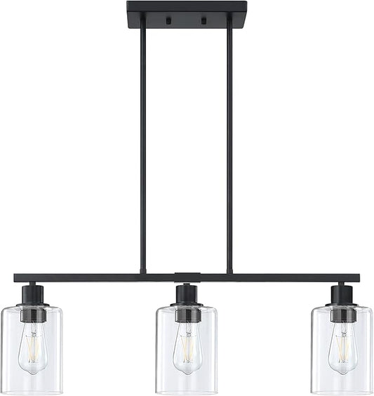 Doraimi Lighting Modern 3 Light Indoor Hanging Kitchen Island Light Black Finish 5.3" Clear Glass Chandelier Shade for Bar Dining Room Kitchen Island Over Sink