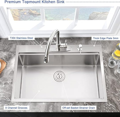 25 Inch Drop In Kitchen Sink Workstation-Hovheir 25x20 Stainless Steel Kitchen Sink Drop In Topmount Stainless Sinks 16 Gauge Deep Single Bowl Overmount Sinks with Cutting Board