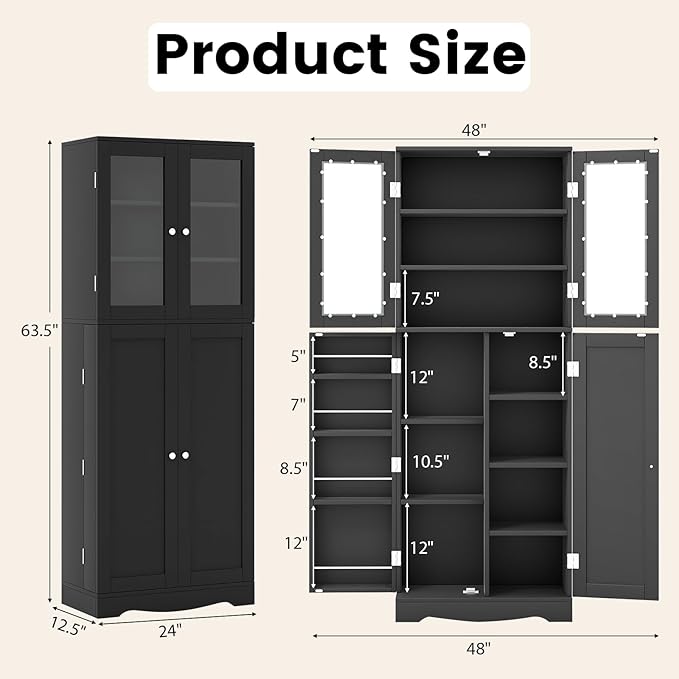 Giantex Pantry Organizers and Storage, 63.5” Tall Kitchen Cabinet, Food Buffet Cupboard with Glass Doors, Shelves with Baffle, Wooden Freestanding Sideboard for Dining Room Living Room (Black)