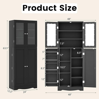 Giantex Pantry Organizers and Storage, 63.5” Tall Kitchen Cabinet, Food Buffet Cupboard with Glass Doors, Shelves with Baffle, Wooden Freestanding Sideboard for Dining Room Living Room (Black)