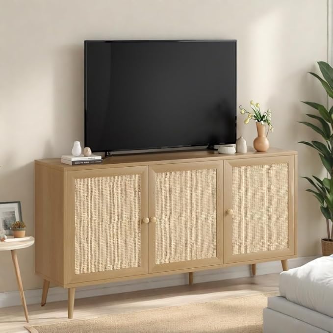 FONTOI Rattan Entryway Table, Entertainment Center with Adjustable Shelf, Sideboard Buffet Cabinet with 3 Rattan Doors, Modern Console Cabinet with Large Storage for Living Room, Kitchen, Brown