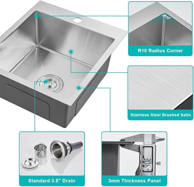 17 inch Drop in Kitchen Sinks - TSIBOMU 17x19 inch Single Bowl Single Hole Topmount Kitchen Sink, 18 Gauge Stainless Steel Handmade Small Kitchen Bar Sink, Brushed