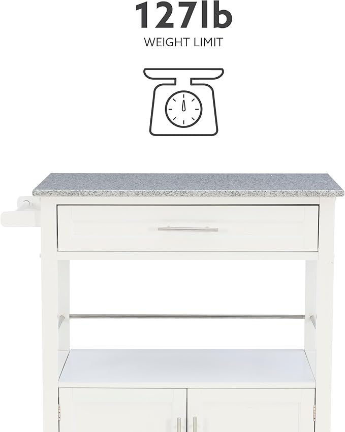 Linon Kyler White Granite Topped Kitchen Cart with Lockable Casters and Hidden Storage Spaces