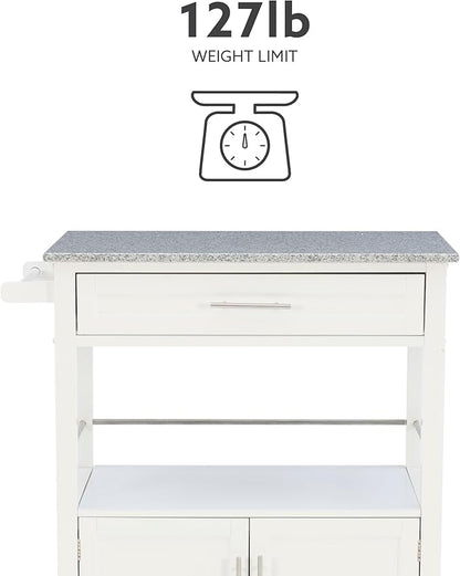 Linon Kyler White Granite Topped Kitchen Cart with Lockable Casters and Hidden Storage Spaces