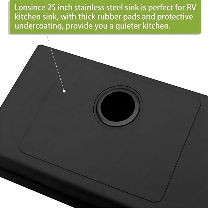RV Kitchen Sink 25 X 15 inch,Black Undermount Kitchen Sink with 7 inch Depth,Stainless Steel Kitchen Sinks for RV,Outdoor Caming Van Sink
