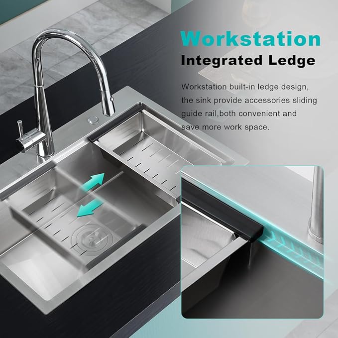 30 Inch Brushed Drop in Workstation Sink - 18 Gauge Satinless Steel Handmade, 9 inch Deep Single Bowl Topmount with Ledge, D30"xW18"xH9"