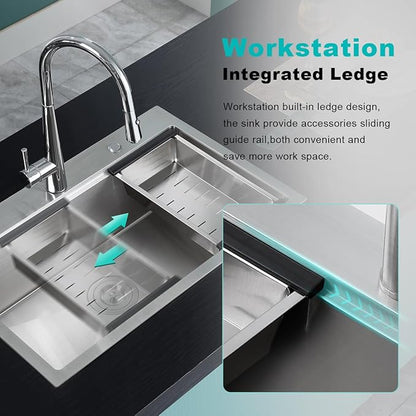 30 Inch Brushed Drop in Workstation Sink - 18 Gauge Satinless Steel Handmade, 9 inch Deep Single Bowl Topmount with Ledge, D30"xW18"xH9"