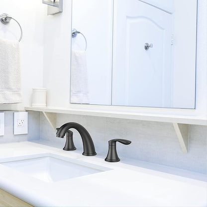 Bathroom Sink Faucet, Faucet for Bathroom Sink, Widespread Matte Black Bathroom Faucet 3 Hole with Stainless Steel Pop Up Drain and cUPC Lead-Free Hose - (Matte Black 2 Packs)