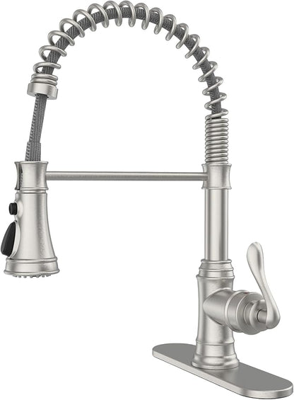 BWE Brushed Nickel Kitchen Faucet with Pull Down Sprayer, Single Handle High Arc Kitchen Sink Faucet 1 Hole or 3 Hole, Solid Brass Spring Kitchen Faucet with 3-Mode Sprayer for Farmhouse RV