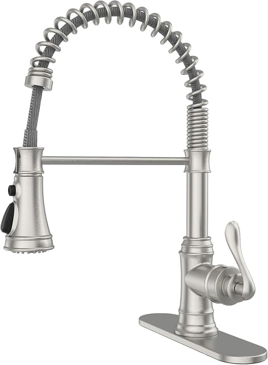 BWE Brushed Nickel Kitchen Faucet with Pull Down Sprayer, Single Handle High Arc Kitchen Sink Faucet 1 Hole or 3 Hole, Solid Brass Spring Kitchen Faucet with 3-Mode Sprayer for Farmhouse RV
