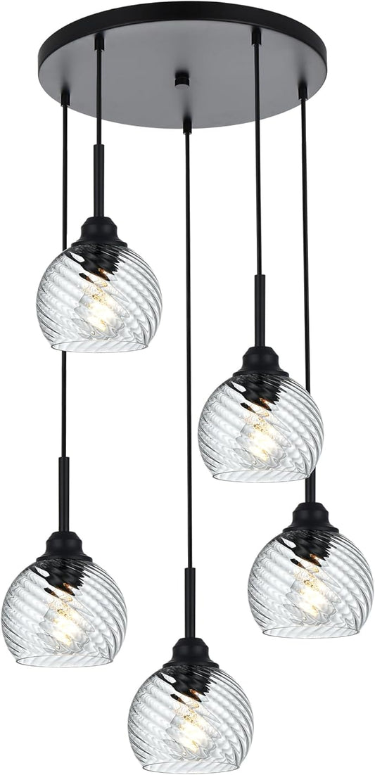 5 Light Cluster Pendant Light with Striped Swirl Globe Glass Black Pendant Lighting for Kitchen Island, Modern Dining Room Light Fixtures Over Table Hanging Ceiling Light, E26 Base