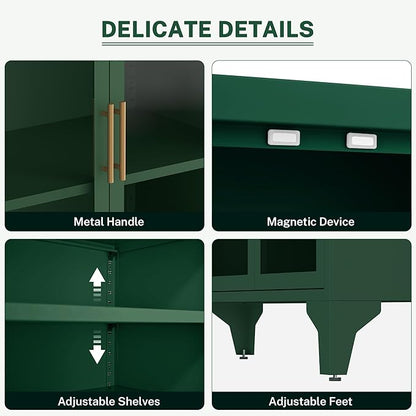 Foreate Arched Sideboard Buffet Cabinet with Storage & LED Light, 53.2" Large Buffet Cabinet with 4 Glass Door & Adjustable Shelf, Modern Farmhouse Sideboard Credenzas Metal Kitchen Buffet, Green