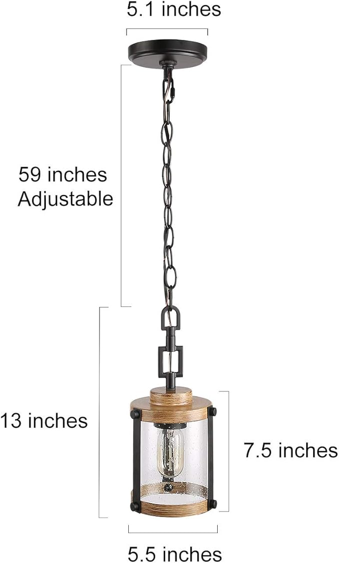 LOG BARN Pendant Lighting for Kitchen Island, Farmhouse Mini Chandelier in Faux Wood Metal with Bubbled Glass Shade, Rustic Ceiling Fixture Hanging for Dining Room, Hallway