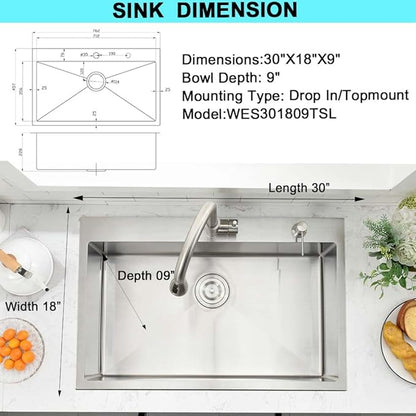 30 Inch Kitchen Sink Drop In,30x18 Drop In Kitchen Sink Top Mount Stainless Steel 18 Gauge Single Bowl Deep Single Bowl Overmount Kitchen Sinks with Soap Dispenser