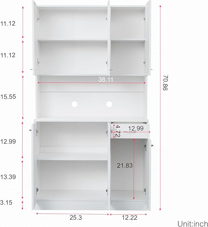71" Tall Kitchen Pantry Cabinet,Sideboard Buffet Cabinet with 6 Doors and Shelves,Kitchen Island with Microwave Stand,Kitchen Hutch Storage Cabinet with 1 Drawer for Kitchen,Kitchen Cabinet (White)