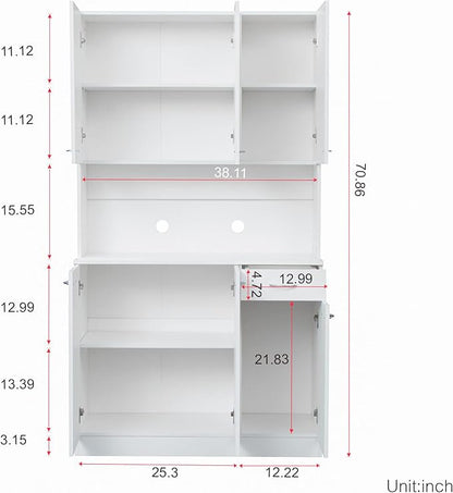 71" Tall Kitchen Pantry Cabinet,Sideboard Buffet Cabinet with 6 Doors and Shelves,Kitchen Island with Microwave Stand,Kitchen Hutch Storage Cabinet with 1 Drawer for Kitchen,Kitchen Cabinet (White)
